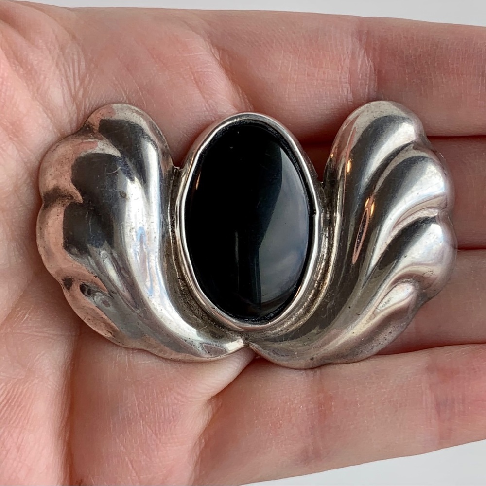 VTG Art Nouveau Taxco Sterling Silver Onyx Brooch